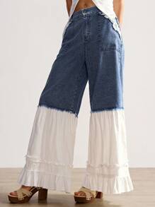 Bohemela Summer/Autumn Women's Vintage Casual Solid Color Woven Wide Leg Loose Fit Jeans Pants, Bohomian Style Vacation Outfits Wide Leg Jeans Women Ruffle Pants Loose Jeans Two Tone Jeans Tiered Ruffle Jeans