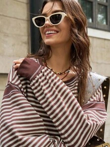 Bohemela 大码女式条纹圆领落肩长袖休闲T恤