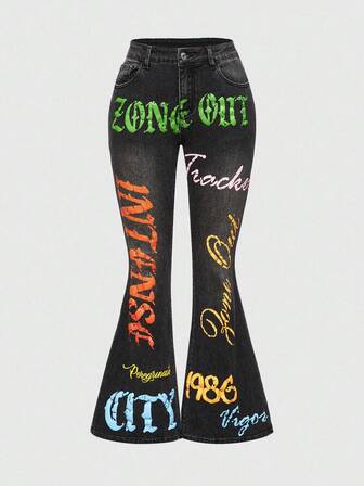 Street Life Vintage mehrfarbige Buchstaben-Muster Sexy Skinny Jeans für Frauen