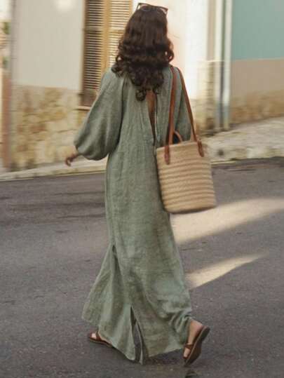 INAWLY Women Solid Color Elegant Romantic Backless Long Sleeve Casual Dress, Suitable For Daily/Holiday Wear Fall Cloth For Women