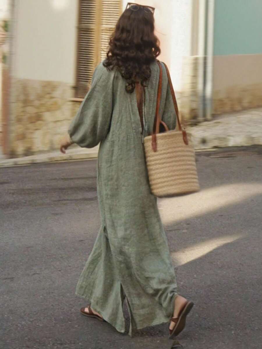 INAWLY Women Solid Color Elegant Romantic Backless Long Sleeve Casual Dress, Suitable For Daily/Holiday Wear Fall Cloth For Women - Green - View 1