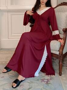 DAZY Charmantes Kontrast-Farben Spitzen-Stich gestricktes Taillenbund Weite Ärmel Lange Damen Nachthemd, Herbst Pyjama Weihnachten - Bordeaux - Übersicht 3