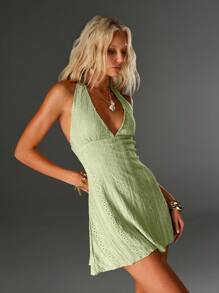 TRNVIE Women's Green Hollow-Out Jacquard Deep V-Neck Spaghetti Strap Mini Vacation Dress, Spring/Summer - Mint Green - View 7