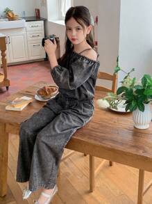 Hapijoa 秋季女童牛仔服装套装 - 灰色 - 查看 6