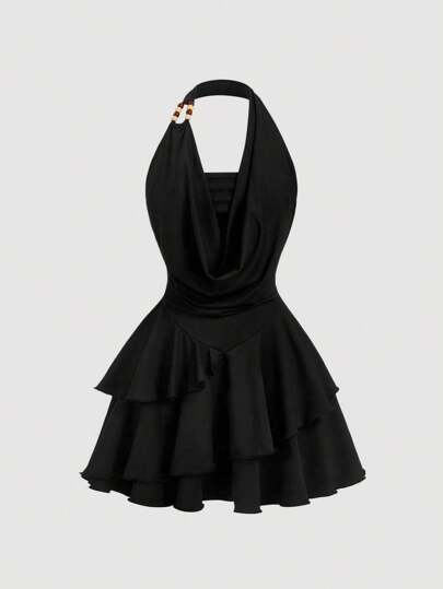 SHEIN MOD Vintage 70s Asymmetrical Mini Dress With Ruffle Details, Halter Neck, Beaded Decoration, Layered Cake Hem, And Draped Collar - Y2K Inspired, Perfect For Island Vacations, Parties, Dates, Birthday Celebrations, Afternoon Teas, And Festivals!