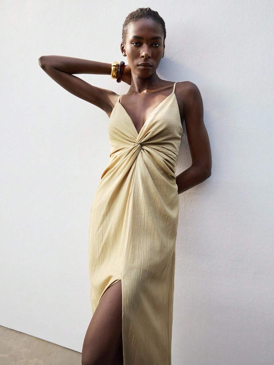 SHEIN Maija Women Elegant Khaki Summer Vacation Bohemian Casual Loose Dress,V-Neck Front Twist Adjustable Strap Double V-Shaped Design With Slit,Soft Beach Wear