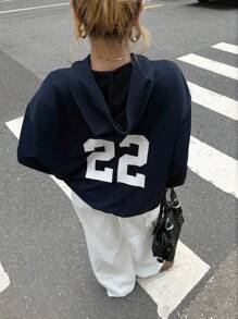 SHEIN 少女休闲宽松舒适连帽运动衫和裤子套装，简约设计，带有数字印花 - 藏蓝色 - 查看 4