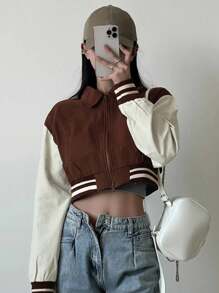 DAZY 撞色运动短外套，学院风拉链长袖连帽衫，立领棒球夹克女式外套 - 棕色 - 查看 2