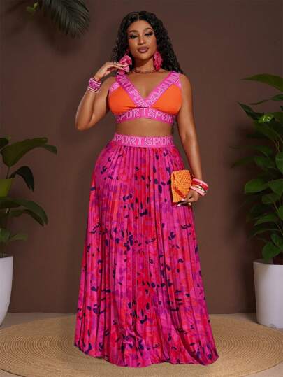 Veslaya 2 Pieces Set: 2025 Spring/Summer Plus Size Women Tie-Dye Letter Print Deep V Camisole Top And Elastic Waist Pleated A-Line Skirt Outfit, For Beach/Vacation/Elegant Party/Music Festival