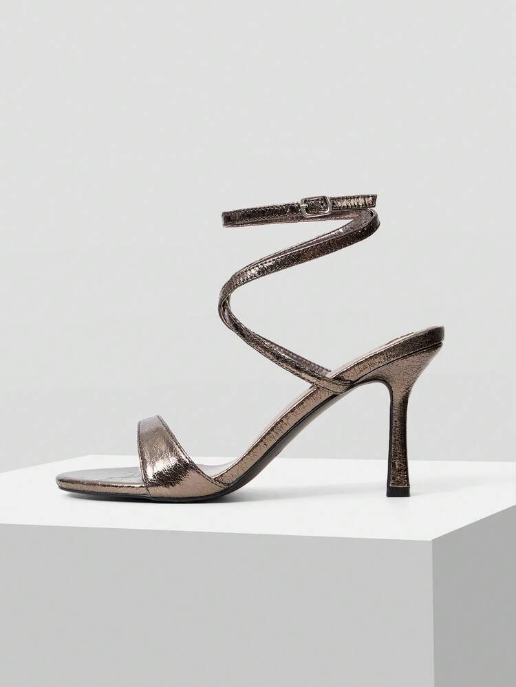WOMEN METALLIC CHIC MINIMALIST ANKLE STRAP ROUND TOE HIGH HEEL SANDALS SPRING SHOES