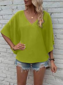 EMERY ROSE 女士休闲蝙蝠袖纯色度假衬衫 - 綠色 - 查看 5