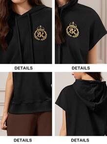 Briarwyn 女式刺绣徽章连帽口袋短袖休闲运动衫图案T恤复古风格女式返校服装 - 黑色 - 查看 9