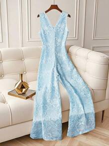 Franclia Light Blue And White,Summer,Elegant,Garden Party Embroidered Deep V-Neck Sleeveless Backless Semi-Sheer Long Jumpsuit For Ladies Vacation - Black - View 2