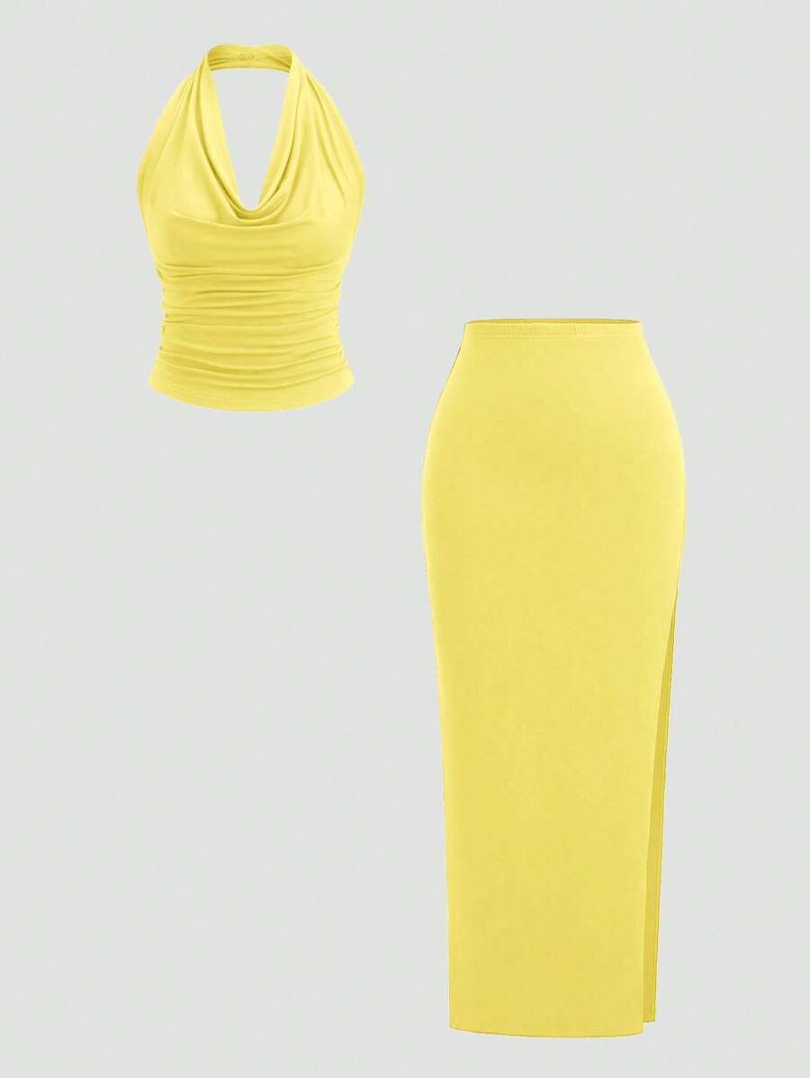 SHEIN Unity Off-The-Shoulder Backless Draped Neck Crop Top And Side Slit Skirt Set - Light Yellow - View 1