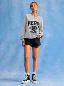 PEPSI X SHEIN 女式字母图案V领休闲长袖运动衫 - 灰色 - 查看 5