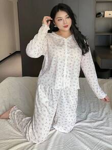 Dazy Plus 碎花蝴蝶结装饰长袖上衣和宽松裤子睡衣套装 - 杏色 - 查看 3
