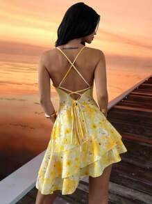 Firerie Ladies New Elegant Yellow Floral Beaded Halter Back Dress With Ruffled Skirt/Butter Yellow Skirt/School Clothes/Ountry Outfits Women /Butter Yellow Dress/Back To School Season/Tea Party/Leisure Vacation