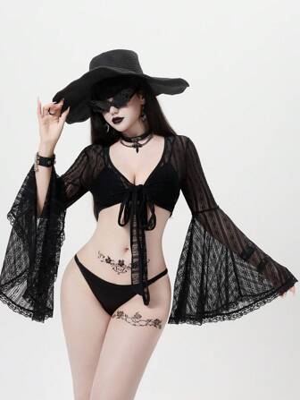 Goth Gothic Vampire Count Hollow Out Lace Batwing Sleeve Short Kimono Cardigan