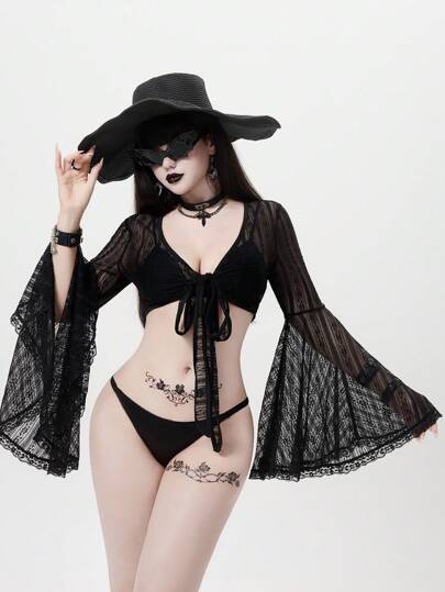 Goth Gothic Vampire Count Hollow Out Lace Batwing Sleeve Short Kimono Cardigan