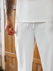 Manfinity Homme Áo thun tay ngắn cổ tròn màu trơn cỡ lớn cho nam và quần short cạp rút dây, bộ đồ thường ngày, mùa hè - trắng - Xem 6