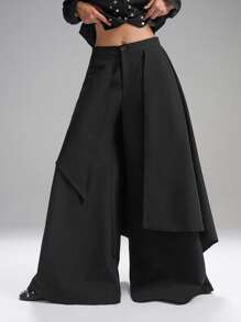 SHEIN EZwear 秋冬大码女式纯色拼接设计宽腿宽松裤 - 黑色 - 查看 4