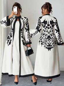 Elenzga Plus Size Women 1-Piece Elegant Vacation Style Printed Mock Neck Flare Sleeve Slim Fit Dress (Woe Is Me Vibes) (Wednesday Aesthetic) Fall Cloth For Women