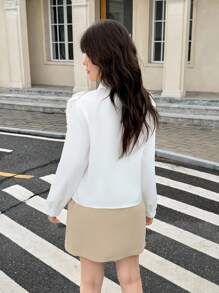 SHEIN 2pcs/Set Teen Girls Casual Elegant Preppy Style Ruffled Collar Long Sleeve Blouse And Solid Color Mini Skirt Set, Suitable For Commuting Or Daily Wear In Autumn - Khaki - View 2