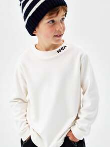 青少年男孩简约印花图案宽松圆领长袖 T 恤，休闲，适合春、夏、秋、冬 - 白色 - 查看 1