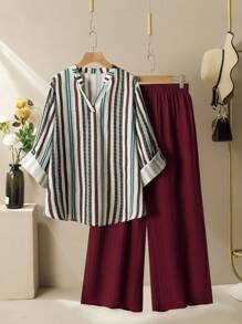 Lacomfia 2pcs Women Plus Size Casual Textured Colorful Stripe Print Long Sleeve Shirt And Wide Leg Pants Suit, Loose And Comfortable Fall Cloth For Women - Multicolor - View 1