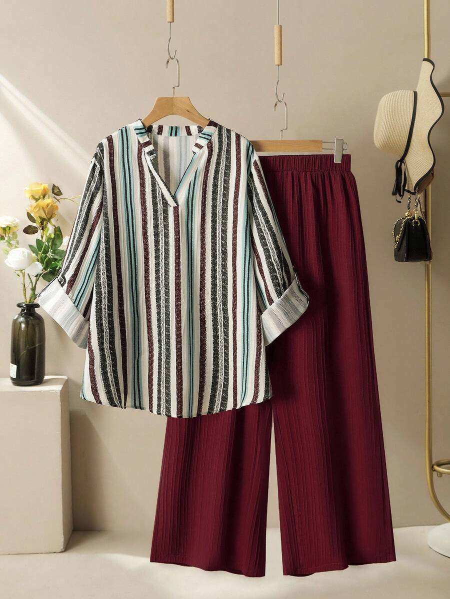 Lacomfia 2pcs Women Plus Size Casual Textured Colorful Stripe Print Long Sleeve Shirt And Wide Leg Pants Suit, Loose And Comfortable Fall Cloth For Women - Multicolor - View 1