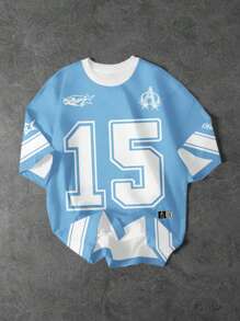 SHEIN 青少年男孩休闲时尚经典棒球运动，1969 五角星图案 T 恤，超级 A 棒球运动衫，徽标印花短袖圆领 T 恤，适合夏季棒球球衣儿童足球衫球衣运动球衣