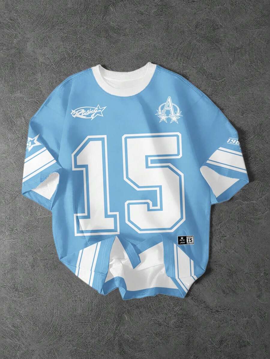 SHEIN 青少年男孩休闲时尚经典棒球运动，1969 五角星图案 T 恤，超级 A 棒球运动衫，徽标印花短袖圆领 T 恤，适合夏季棒球球衣儿童足球衫球衣运动球衣