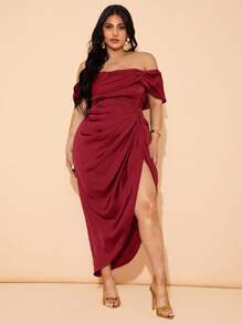 SHEIN CURVE+ Vestido elegante drapeado de comprimento médio plus size para mulheres, adequado para casamento, madrinha, coquetel, ocasião formal