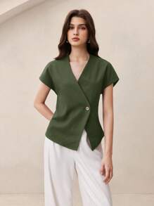 BizChic 2025 Autumn New Sage Green Metal Button V-Neck Short Sleeve Women's Blouse, Modern Elegant Urban Romantic Refined Rustic Music Festival Vintage Style, Airport Travel Wedding Guest Birthday Halloween Business Casual Office Date Party Outing Back To School Fall - Army Green - View 6