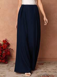 SHEIN Unity Women's Casual Navy High Waist Wide Leg Pants, Relaxed Fit, Summer Fall Cloth For Women - Navy Blue - View 3