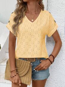 SHEIN LUNE 女士休闲镂空刺绣纽扣蝙蝠袖T恤，夏季 - 黃色 - 查看 6