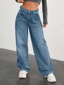 EURMUSE Pantalón vaquero de 100% algodón con cintura alta y diseño de botones, de pierna ancha - Lavado ligero - Ver 5