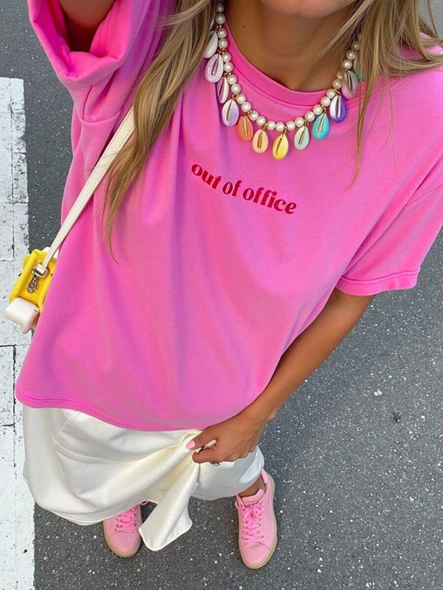 SHEIN LUNE Women's Letter Print Round Neck Tee, Fashion Casual Crew Neck Short Sleeve T-Shirt For Daily Holiday Vacation Outdoor Wear, Ladies Clothes For All Seasons