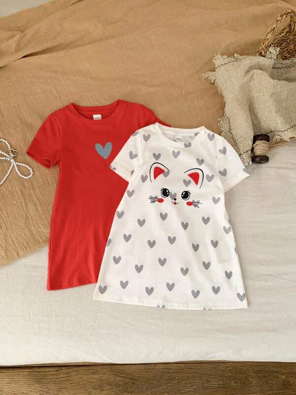 SHEIN LMoss Kids 2 件套：休闲百搭针织爱猫印花短袖圆领连衣裙和免费礼品连衣裙，适合外出
