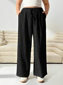 SHEIN EZwear Women's Plus Size Loose Apricot Wide-Leg Woven Pants