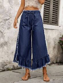 EMERY ROSE 女式磨边荷叶边饰带阔腿牛仔裤 - 中等水洗藍 - 查看 3