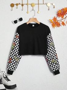 SHEIN Teen Girls Butterfly and Checker Print Crop Pullover - Black - View 3