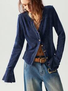 Bohemela 大码休闲复古纽扣前喇叭袖T恤 - 藏蓝色 - 查看 6