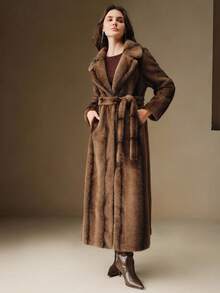 Anewsta 女士优雅翻领双色仿皮草束腰长款冬季外套 - 棕色 - 查看 6