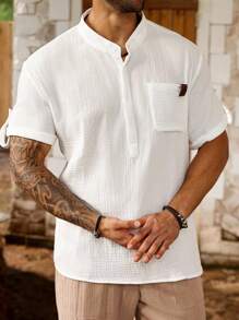 Manfinity Homme Plus Size Men's Solid Color Pocket Button Summer Casual Short Sleeve Polo Shirt - White - View 6