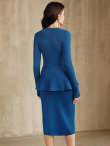 Anewsta 2pcs/Set Women's Elegant Commuting Workwear Ruffle Trim Fitted Knit Top, Blue, Autumn/Winter - Royal Blue - View 7