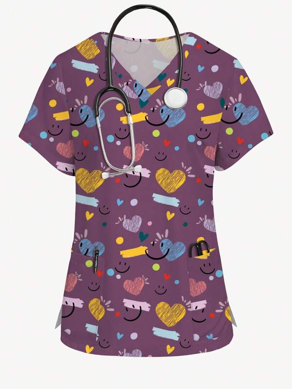 PopScrub Simple Cute Colorful Heart & Smiling Face Print V-Neck Short Sleeve Pocket Nurse Scrub Uniform Top For Women, Scrubs