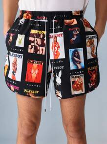 PLAYBOY X SUMWON Magazine Cover Print Swimming Trunks Beach Board Shorts Summer Holiday Festival Vacation Luxury Swimming Surfing Pool Wear - Black - View 5