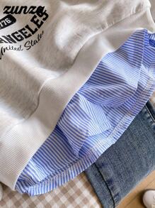 青少年女孩休闲运动衫，百搭校园/通勤风格，2 合 1 衬衫领运动衫，数字和字母，豹纹，宽松版型