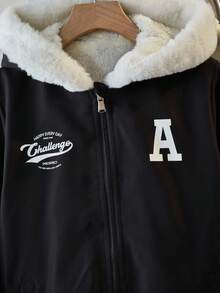 女童毛领连帽印花棉服冬季夹克 - 黑色 - 查看 8